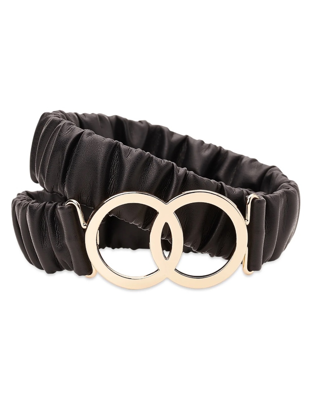 Madden NYC Women's Ruched PU Stretch Belt Black w/ Interlocking Gold Rings NWOT